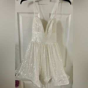 White Sequin Mini Dress with Plunging V-Neck